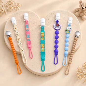 Custom One Piece Manual Silicone Pacifier Chain Diamond Block Strap Owl Print Teal Gem...
