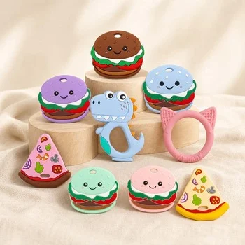 Hamburger Baby Teether Silicone Soft Toy Infant Teething Toy Round BPA Free Food Grade 0-12...