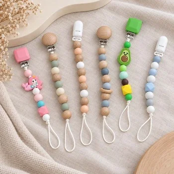 DIY Custom Beaded Silicone Pacifier Chain Pink White Cube Bead Wood Clip Avocado Mermaid...
