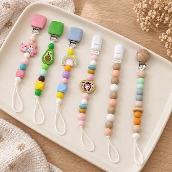 DIY Custom Beaded Silicone Pacifier Chain Heart Charm Cartoon Girl Mermaid Rainbow Wood...