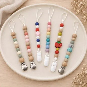 DIY Custom Beaded Silicone Pacifier Chain Strawberry Charm Rainbow Gradient Wood Beads...