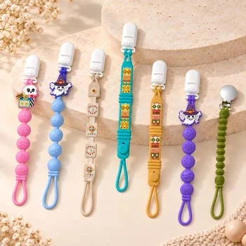 Custom One Piece Silicone Pacifier Chain Light Blue Dinosaur Print Strap Orange Bead...