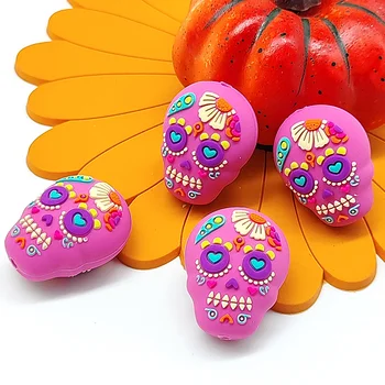 Silicone Beads with Straight Holes Halloween Sugar Skull Pumpkin Loose Beads for Beadable...