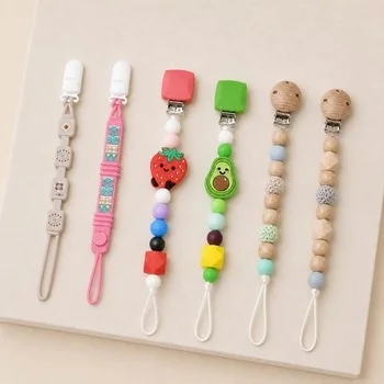 Custom Silicone Bead Pacifier Chain Clip Combo Newborn Pastel Peach Pink Teething Dummy...
