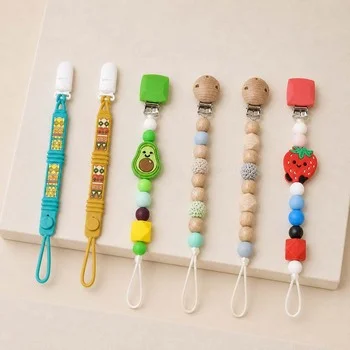 Custom One Piece Molded Silicone Pacifier Strap Printed Teal Pattern Teething Soother Chain...