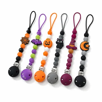 Custom Halloween One Piece Silicone Pacifier Chain Pumpkin Bat Spider Cat Witch Moon...