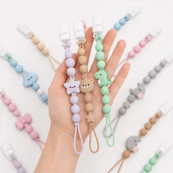 Custom One Piece Molded Silicone Pacifier Chain Cute Star Bear Dino Cloud Moon Teething...