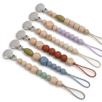 Custom DIY Wood Silicone Bead Pacifier Chain Minimalist Round Metal Disc Clip Teething...