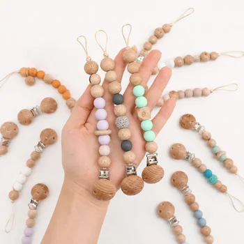 Custom DIY Wood Silicone Bead Pacifier Chain Engraved Leaf Crochet Metal Clip Teething...