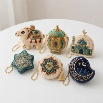 Kawaii Plush Coin Purse Islamic Camel Mosque Crescent Star Mandala Lantern Zipper Chain Bag...