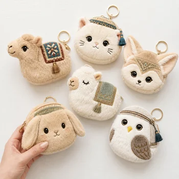 Kawaii Fluffy Plush Coin Purse Boho Animal Camel Cat Fox Owl Rabbit Sheep Zipper Keychain...