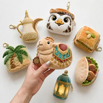 Kawaii Plush Coin Purse Arabic Camel Dallah Owl Baklava Falafel Lantern Zipper Keychain Bag...