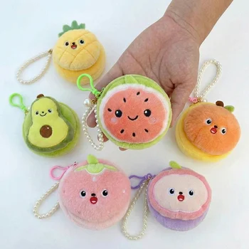 Kawaii Fruit Plush Coin Purse Watermelon Avocado Pineapple Peach Orange Mini Pearl Keychain...