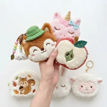 Cute Pig Apple Sheep Bear Plush Coin Purse Mini Zipper Bag Charm Earphone Storage Gift for...
