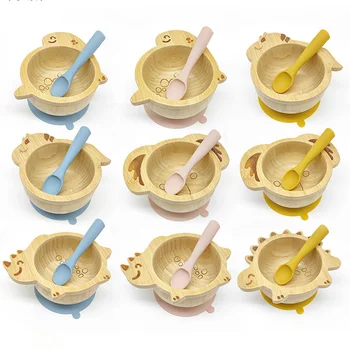 Food Grade Animal Pattern Bamboo Silicone Children Tableware Set Suction Plate Bowl Spoon...