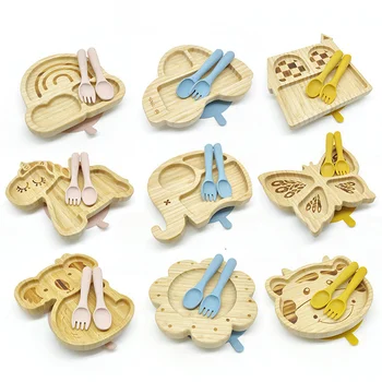 Food Grade Bamboo Fiber Kids Dinnerware Animal Shape Silicone Suction Plate Bowl Spoon Baby...