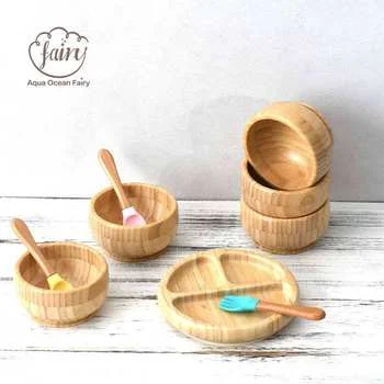 Wholesale Customized Bamboo Animal-shaped Suction Cup Baby Feeding Set Bowl Plate for Kids...