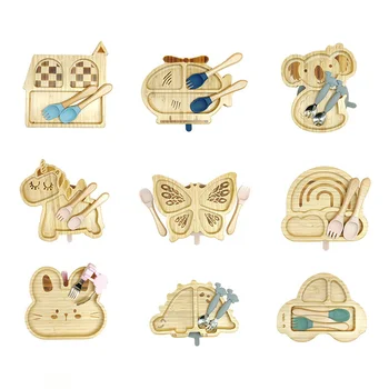 Wood Eco-friendly Non-Toxic Children Tableware Set Solid Pattern Anti-slip Suction Base...