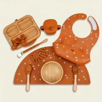 Custom Logo Waterproof BPA Free Eco-friendly Bamboo Silicone Children Tableware Set Suction...