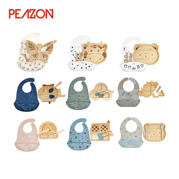 Custom Logo Animal Shape Bamboo Silicone Children Tableware Set Divided Suction Plate Bib...
