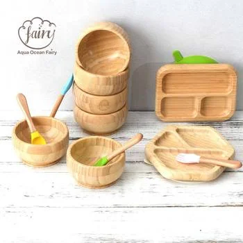 Customized Eco Friendly Non Slip Silicone Suction Bamboo Wood Baby Feeding Tableware Set...