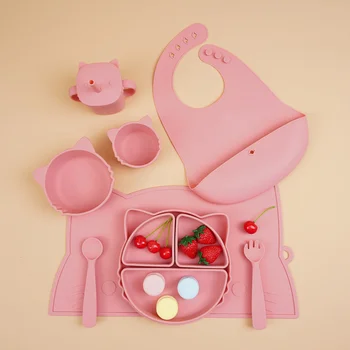 Cartoon Cat Bear Rabbit Food Grade Silicone Children Tableware Set Non-Slip Eco-Friendly...