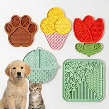 Cute Paw Tulip Ice Cream Round Square Silicone Pet Placemat Suction Cups Lick Mat Slow...