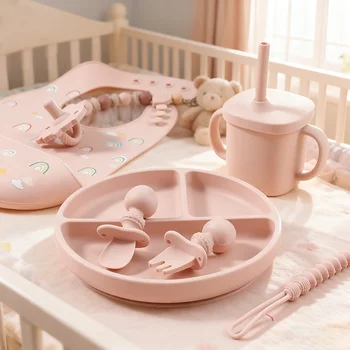 BPA-Free Silicone Baby Feeding Set for Weaning - Bib Divided Plate Spoon Fork Sippy Cup Kid...