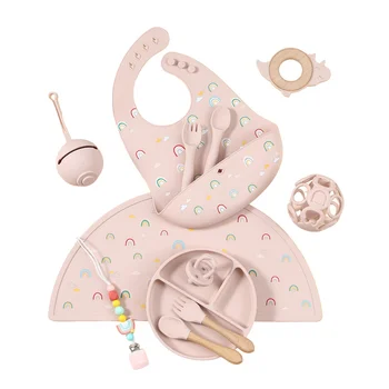 Design Baby Food Grade Silicone Suction Plate Bowl Spoon Fork Kids Dinning Silicone Bib...