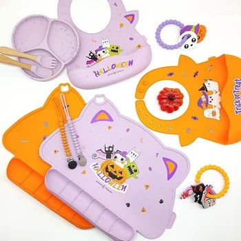 Halloween Silicone Baby Feeding Set Waterproof Bib Anti-Oil Placemat Suction Plate...
