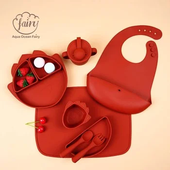 Cartoon Dinosaur Food Grade Silicone Baby Feeding Set Divided Plate Sippy Cup Bib Placemat...