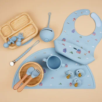 Custom Logo BPA Free Silicone Baby Feeding Set Suction Bowl Plate Bib Children Tableware...