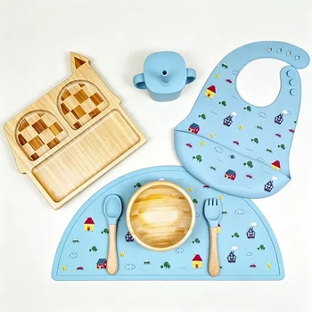 Wholesale Food Grade Silicone Baby Feeding Set Spill-Proof Suction Bowl Plate Bib Spoon for...