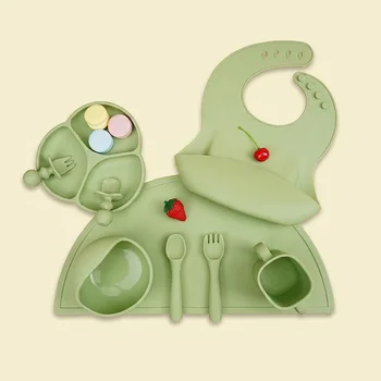Food Grade Silicone Baby Feeding Set 9Pcs Suction Bowl Divided Plate Waterproof Bib Spoon...