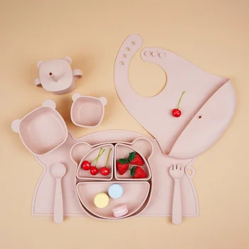 Food Grade Silicone Baby Feeding Set Cartoon Cat Bear Rabbit Divided Suction Plate Custom...