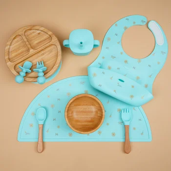 Food Grade 9Pcs Silicone Toddler Dinnerware Set Baby Suction Bowl Waterproof Bib Spoon Fork...