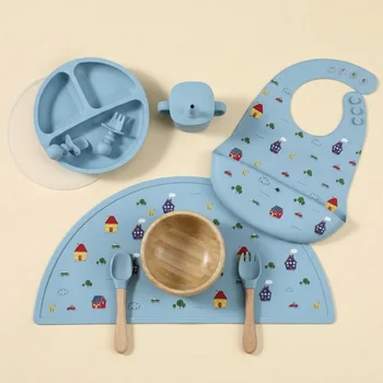 Food Grade Silicone Baby Feeding Set Cartoon Cat Bear Rabbit Divided Suction Plate Custom...