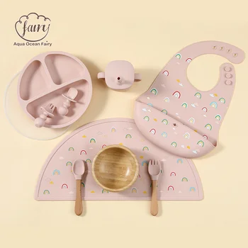 Rainbow Print Food Grade Silicone Baby Feeding Set Divided Plate Sippy Cup Bib Placemat...