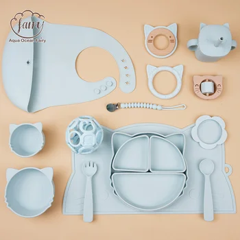 Wholesale BPA Free Food Grade Children's Silicone Tableware Set Spoon Bowl Plate Placemat...