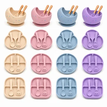 Food Grade BPA Free Silicone Baby Feeding Set Suction Divided Plate Spoon Fork Children's...