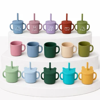 Food Grade BPA Free Silicone Sippy Cup Straw Cup Baby Training Cup Toddler Drinking Cup Mug...