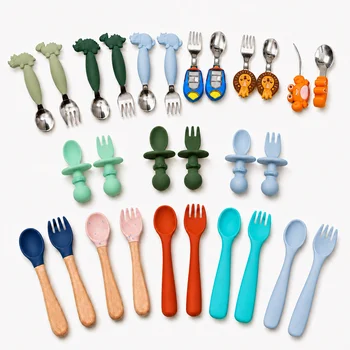 Silicone Baby Spoon Fork Set Baby Silicone Feeding Spoon Toddler Silicone Fork Spoon Baby...