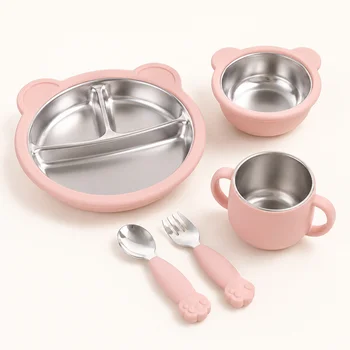 Baby Feeding Bowl Plate Cup Set Stainless Steel Inner Silicone Outer Suction Base Toddler...