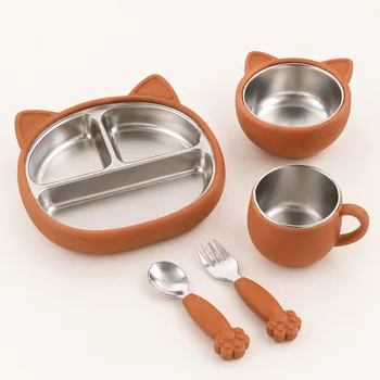 Cat Themed Baby Feeding Bowl Plate Cup Set Stainless Steel Inner Silicone Outer Suction...