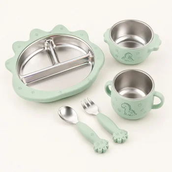 Dinosaur Themed Baby Feeding Bowl Plate Cup Set Stainless Steel Inner Silicone Outer...