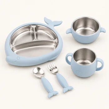 Whale Themed Baby Feeding Bowl Plate Cup Set Stainless Steel Inner Silicone Outer Suction...