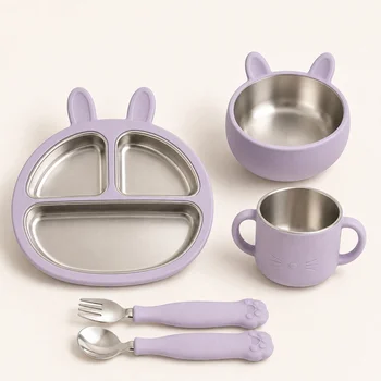 Bunny Themed Baby Feeding Bowl Plate Cup Set Stainless Steel Inner Silicone Outer Suction...