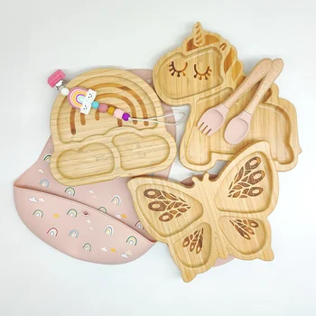 BPA Free Eco-friendly Natural Bamboo Kids Dinnerware Set Cartoon Animal Divided Plate...