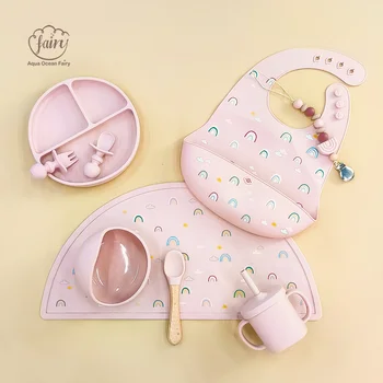 Pink Rainbow Print Food Grade Silicone Baby Feeding Set Divided Plate Bowl Sippy Cup Bib...