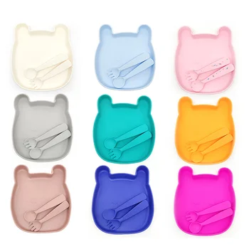 Cute Cat Rabbit Bear Food Grade Silicone Divided Suction Plate Baby Feeding Set Spoon Fork...